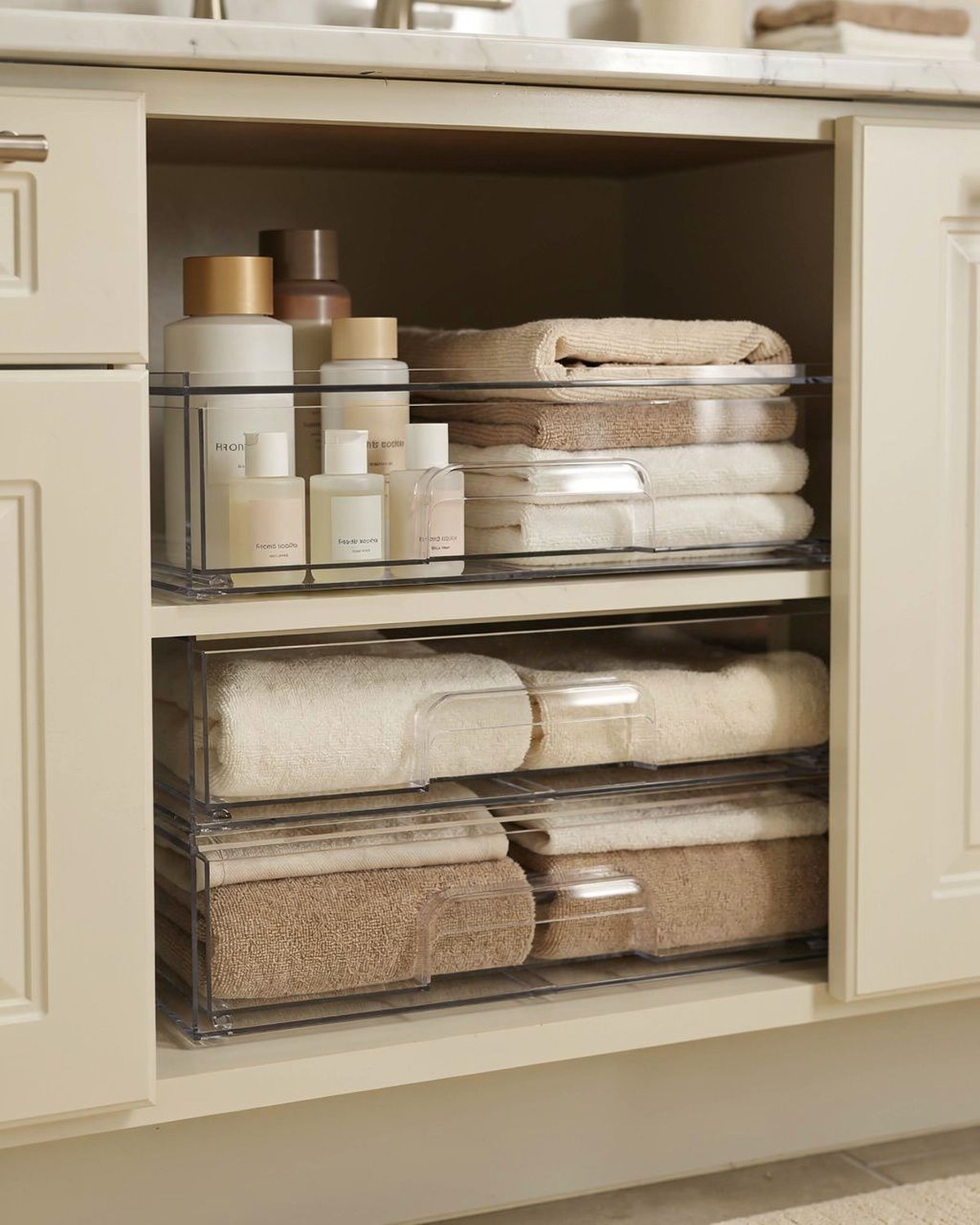 Two clear acrylic drawer boxes stacked, each with a pull-out drawer holding folded washcloths and toiletries, fully transparent so contents show through.