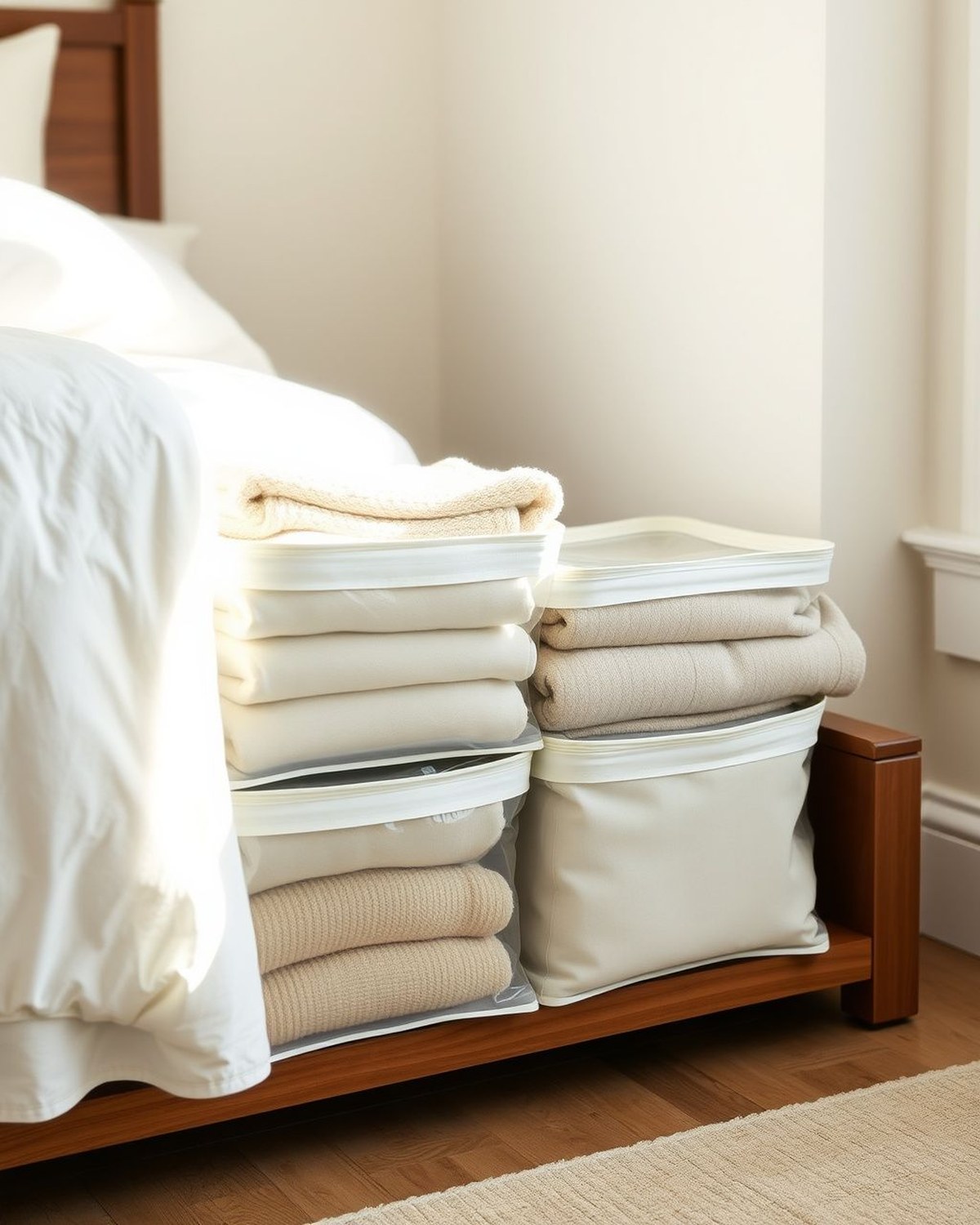 Six flat clear plastic zippered bags with white fabric trim and handles, each packed with folded sweaters or a quilt, stacked for storage.