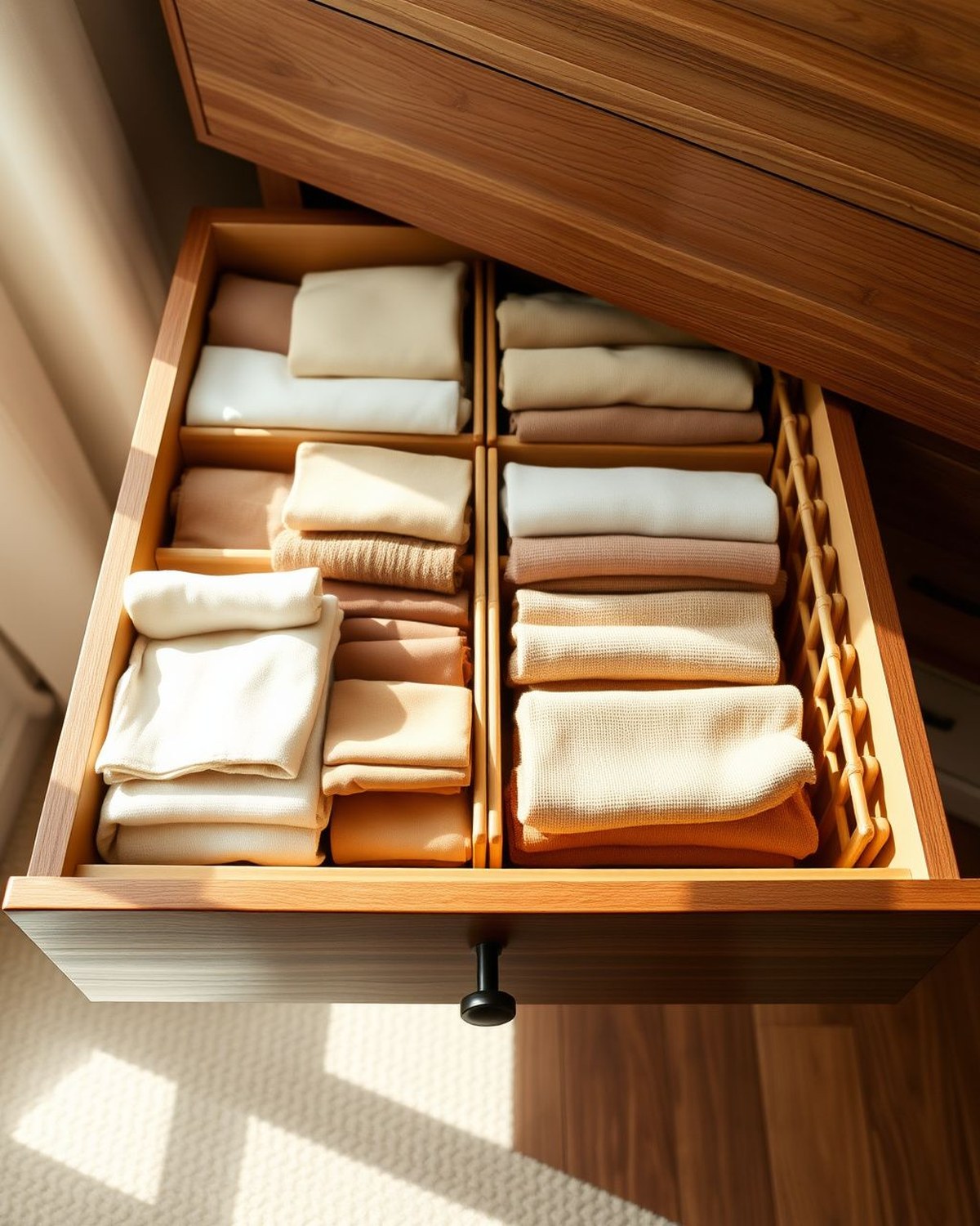 Six tall bamboo drawer dividers with soft foam end-caps, expanded across an open dresser drawer to separate folded clothing into vertical sections.