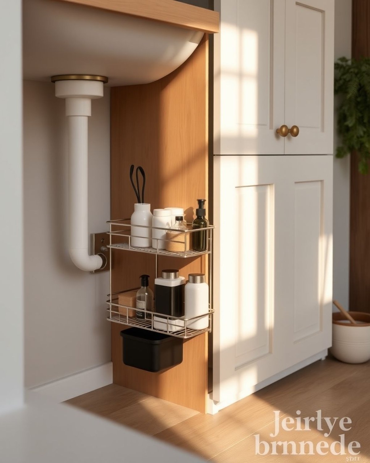 A two-tier metal under-sink organizer with sliding pull-out drawers fitted around sink plumbing.