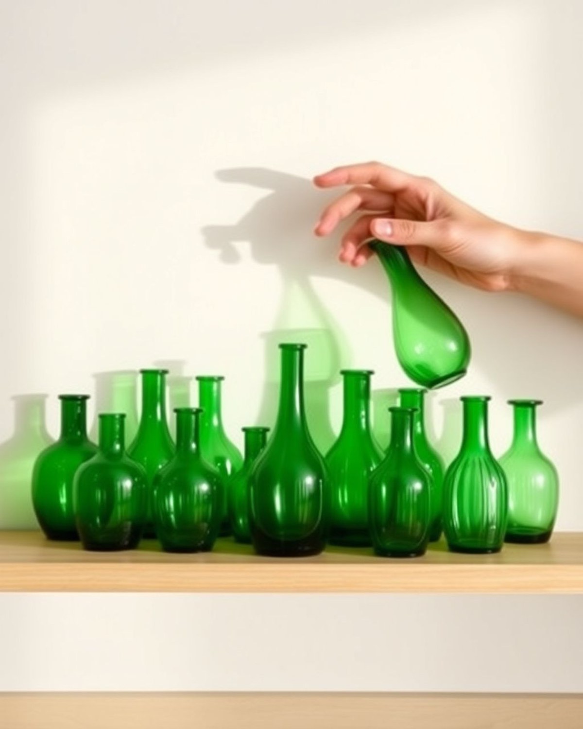 A cluster of twelve small vintage-style green glass bud vases in varied shapes, grouped on a shelf with single stems in a few of them.