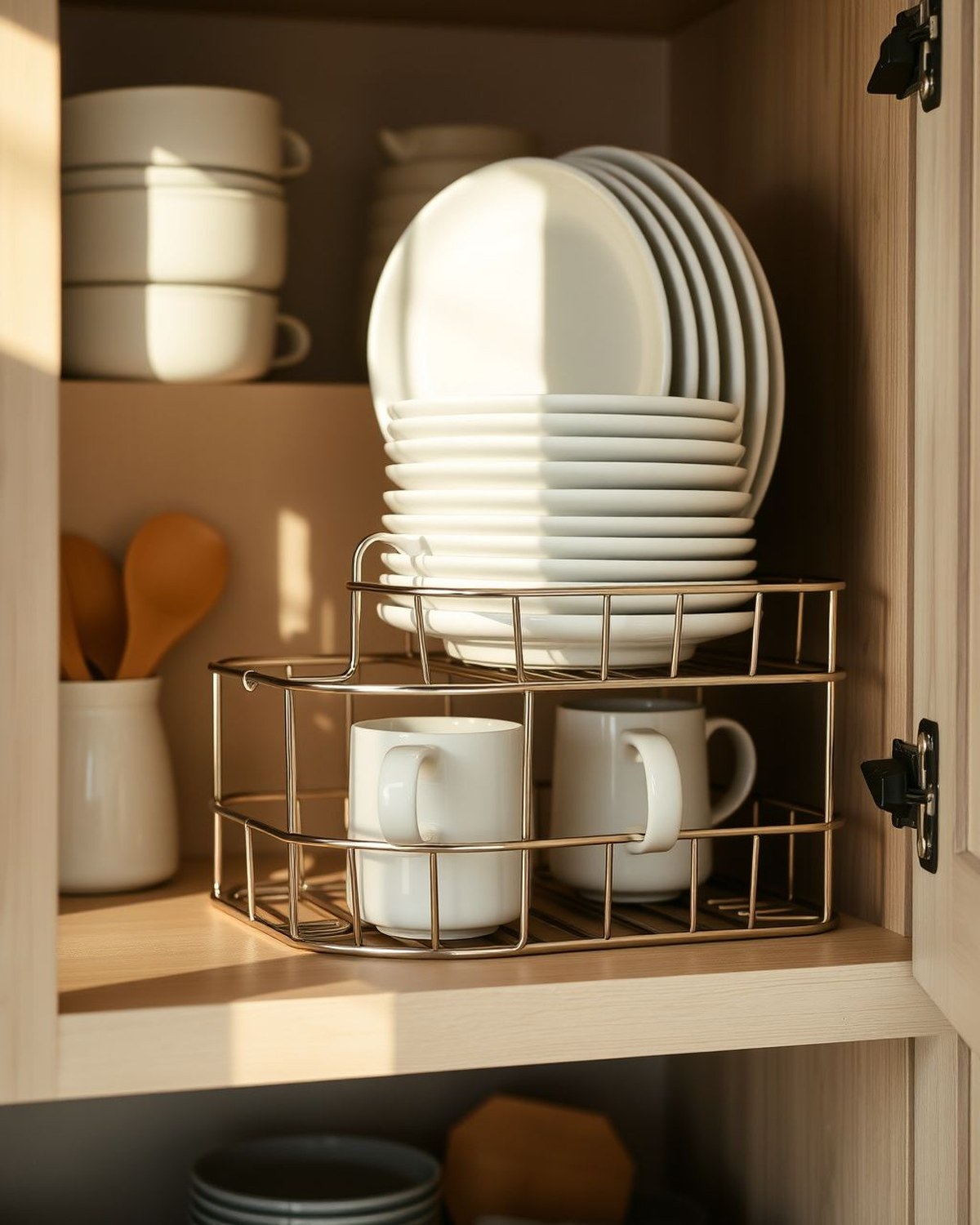 Two stackable metal shelf risers doubling cabinet/counter space with plates and mugs.