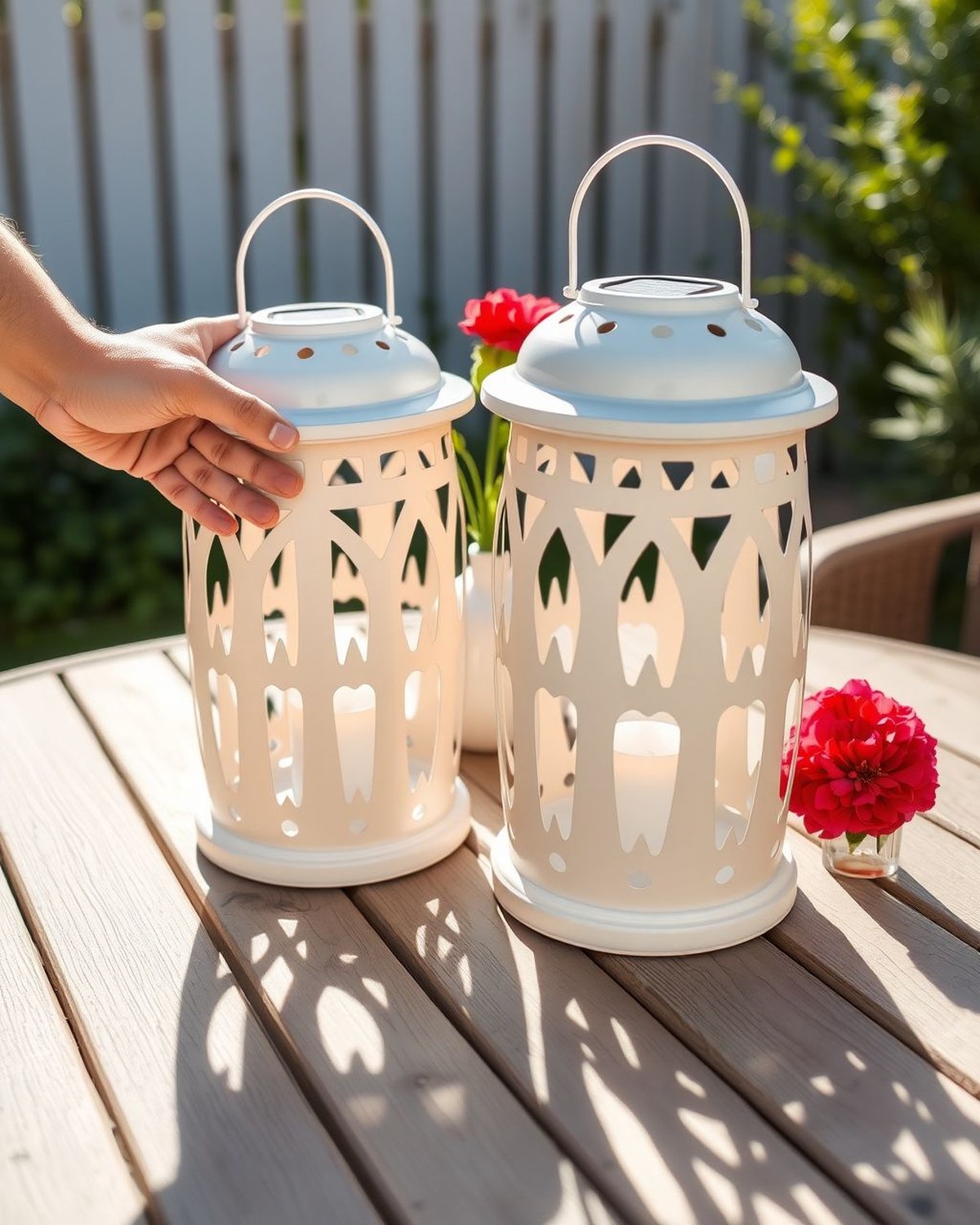 Two white cut-out metal solar lanterns glowing warmly on an outdoor table at dusk, casting patterned light.