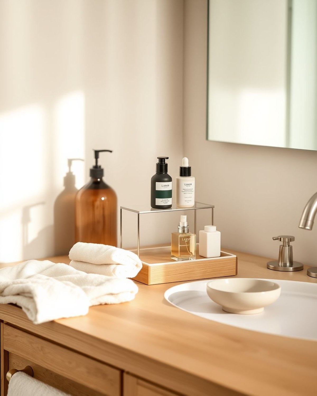 A three-tier sage-green stepped tray on a vanity counter, displaying skincare bottles, perfumes, and brushes in ascending rows.