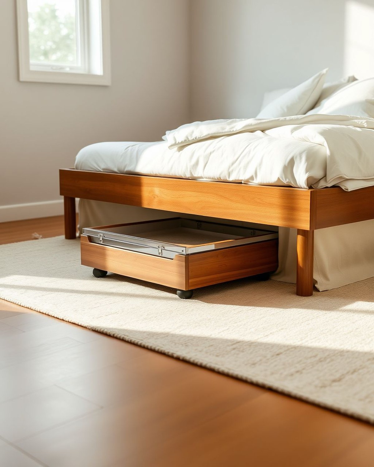 Two low black metal storage bins on caster wheels with clear hinged lids and front label windows, rolling out from beneath a bed frame.