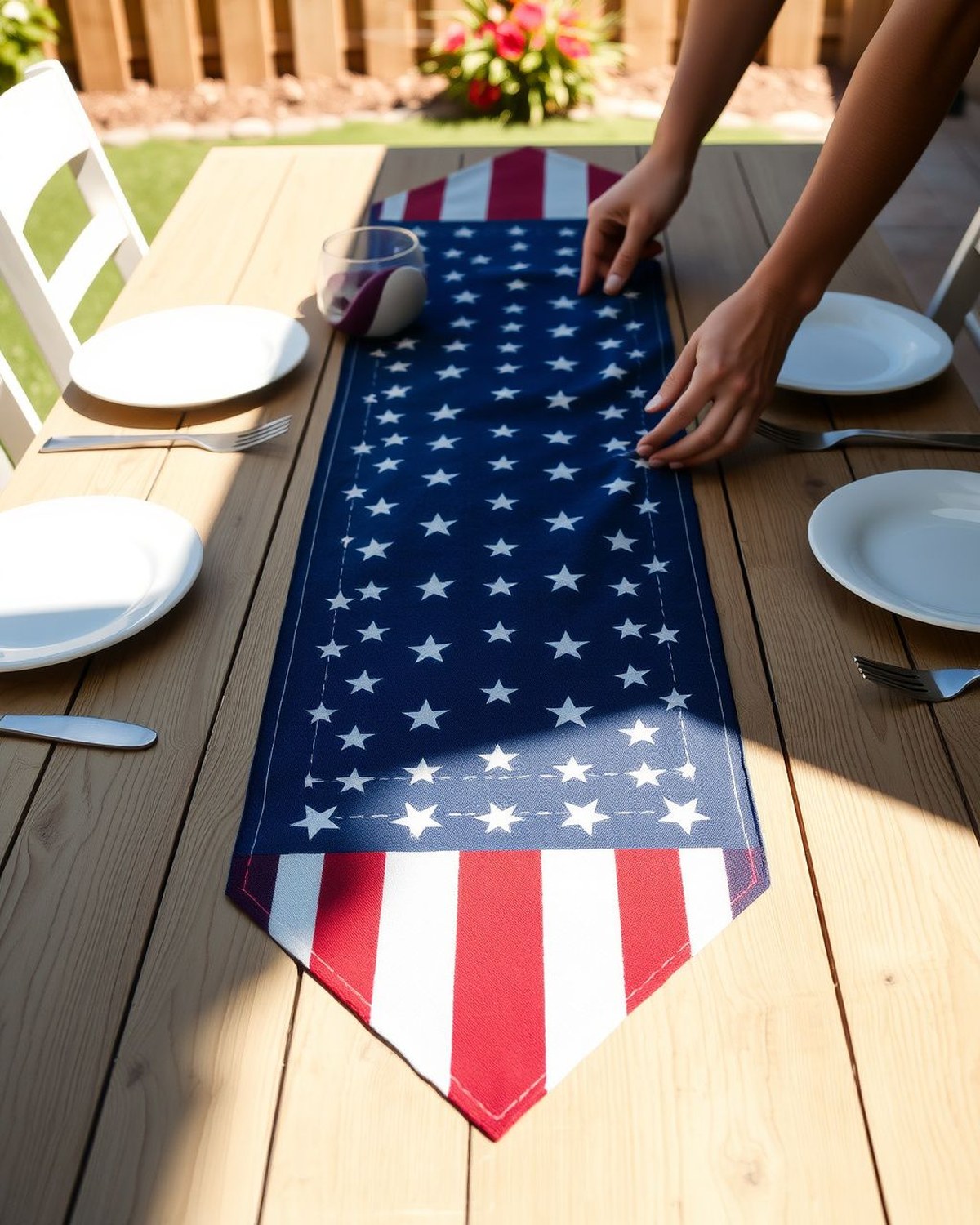 A red, white, and blue stars-and-stripes table runner laid down the center of an outdoor dining table set for a 4th of July meal.