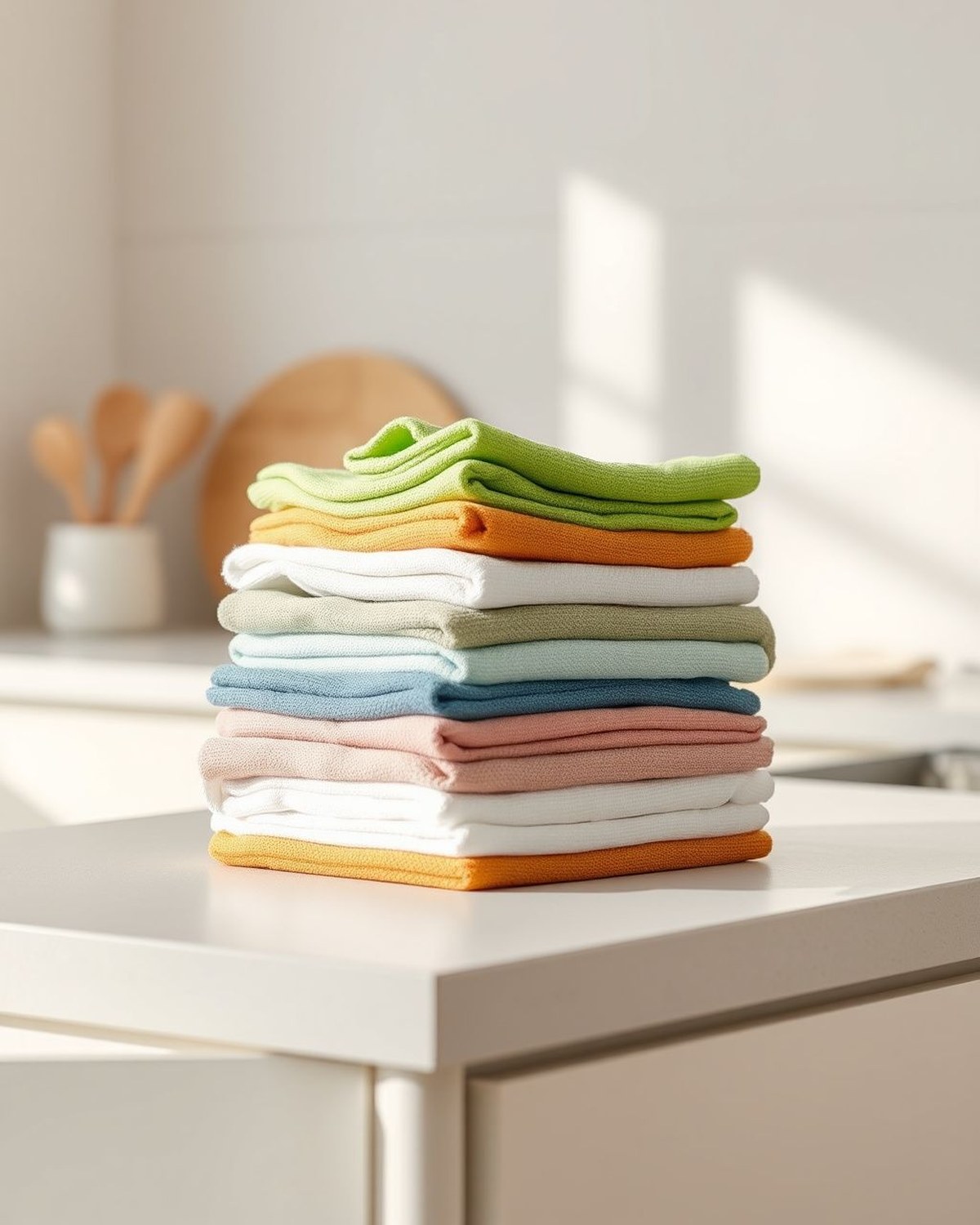 A large stack of folded microfiber cloths in assorted colors.