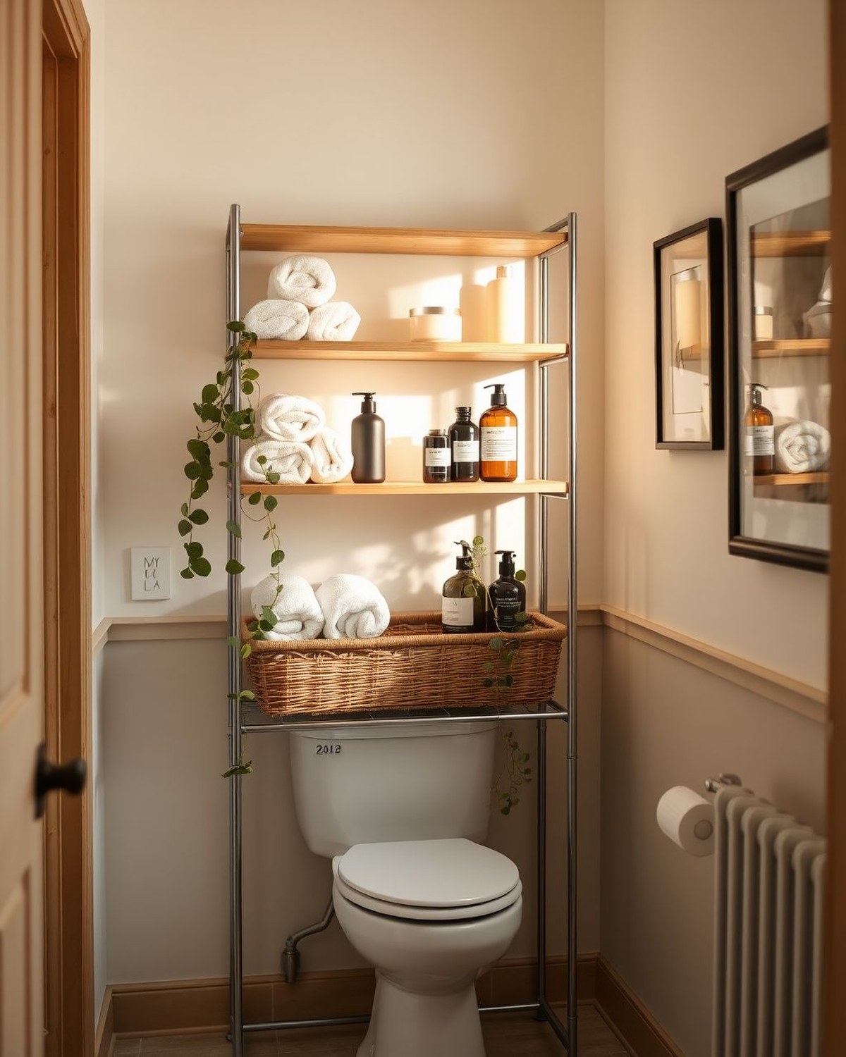 A freestanding brown 4-tier shelf straddling a toilet, with a basket and open shelves holding towels, plants, and toiletries.