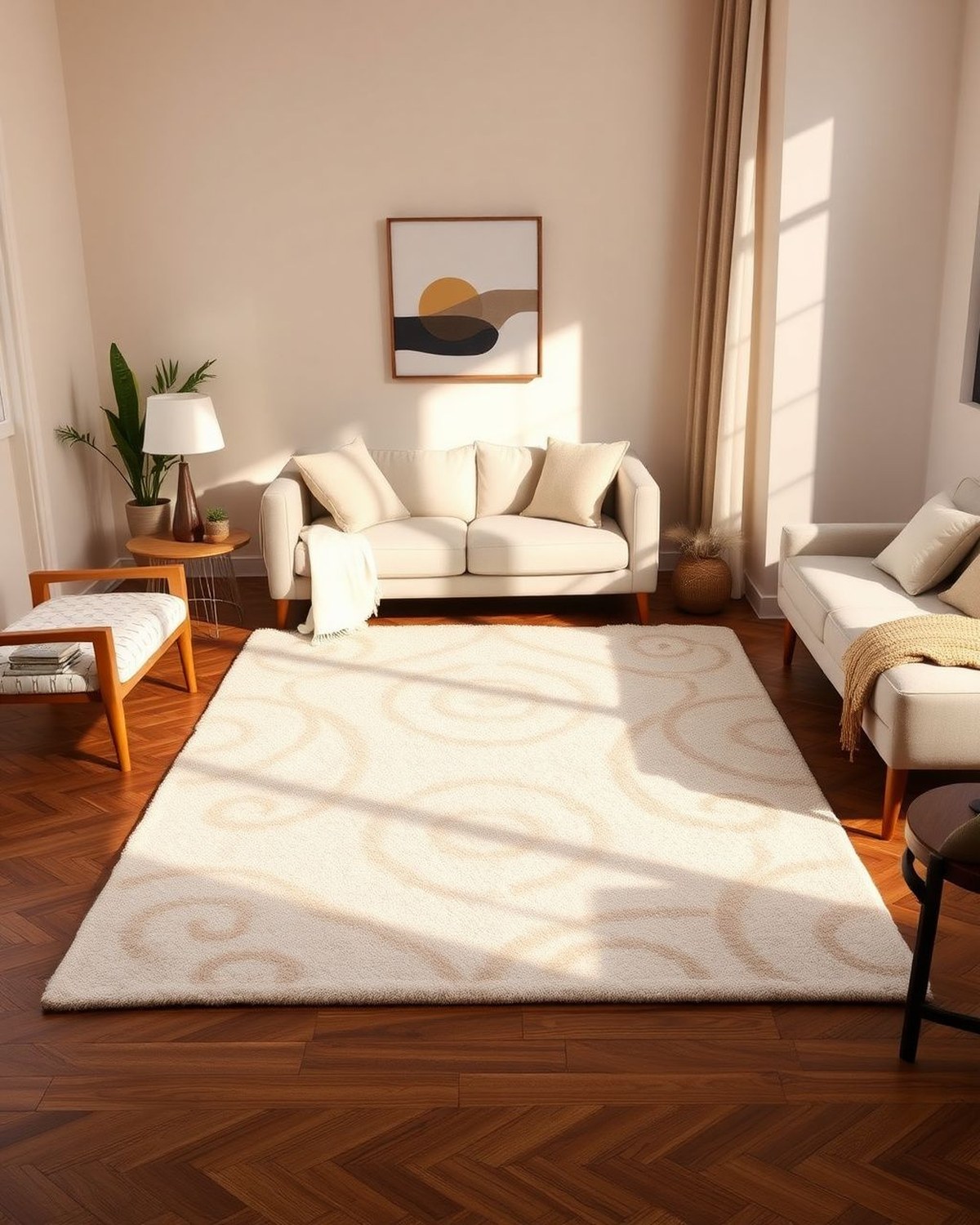 A low-pile washable area rug with a soft modern abstract pattern in neutral tones anchoring a living-room floor.