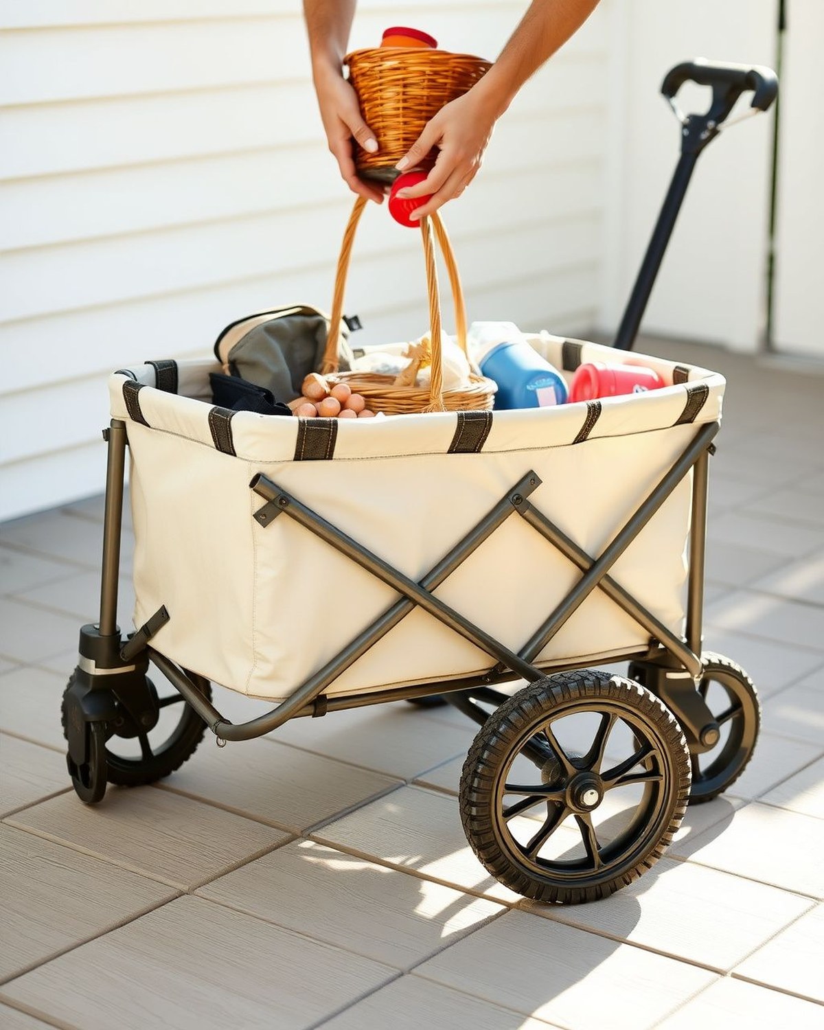 A black collapsible utility wagon with mesh sides and large all-terrain wheels, shown folded flat beside its set-up form loaded with gear.