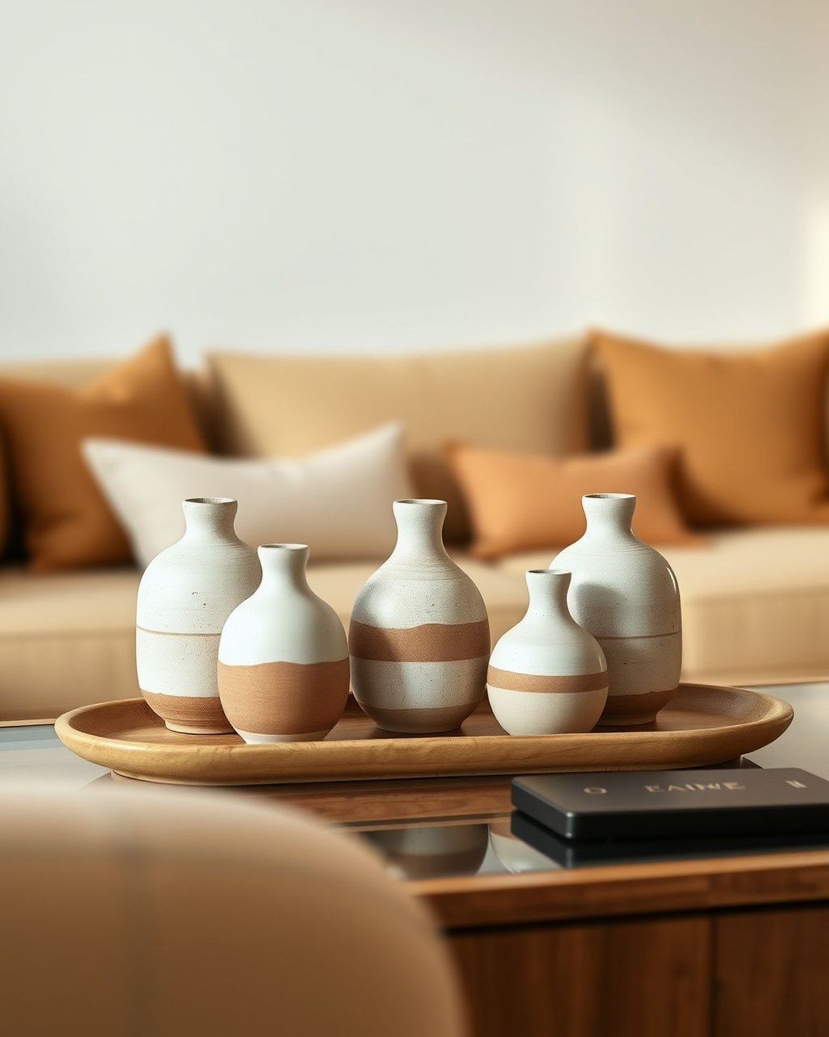 A set of five small rustic-finish ceramic vases in warm neutral tones grouped as a shelf/table vignette.
