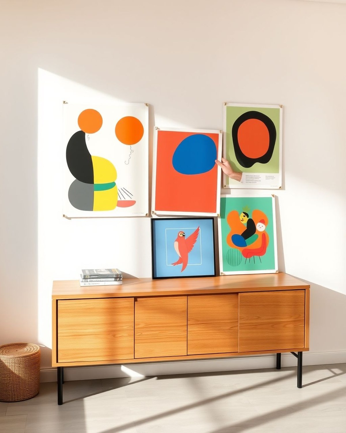 A 12-print set of colorful eclectic posters — abstract shapes, funky type, and bright illustrations — laid out as a maximalist mix-and-match gallery wall.