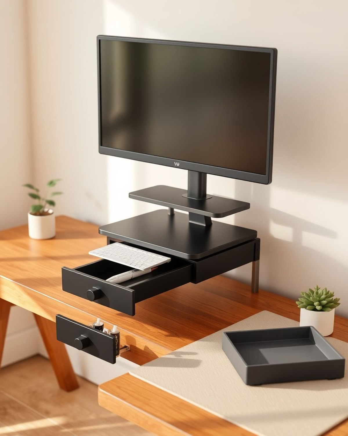 A low black metal monitor riser lifting a screen to eye level, with a pull-out storage drawer and two clip-on pen cups underneath.