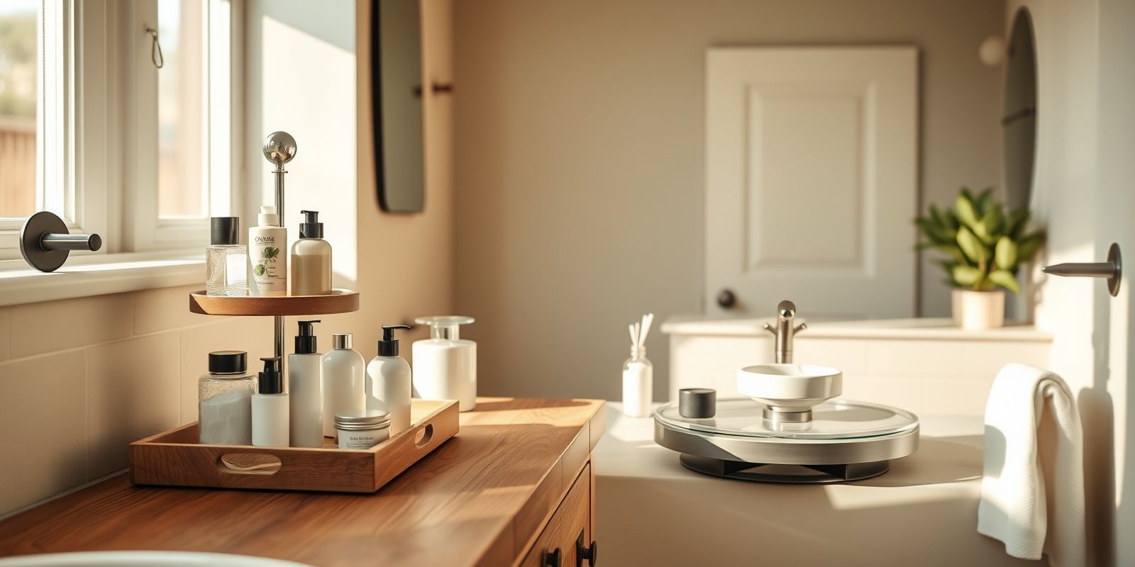 A calm spa-style bathroom with under-sink sliding baskets, a tiered vanity tray, and decanted glass apothecary jars.