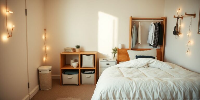 A calm, organized dorm bedroom with under-bed bins on wheels, a hanging closet organizer, a bedside caddy, and warm string lights along the wall.