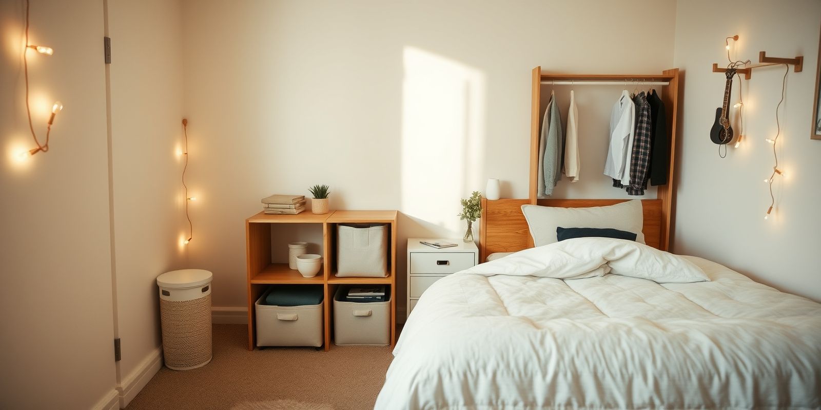A calm, organized dorm bedroom with under-bed bins on wheels, a hanging closet organizer, a bedside caddy, and warm string lights along the wall.
