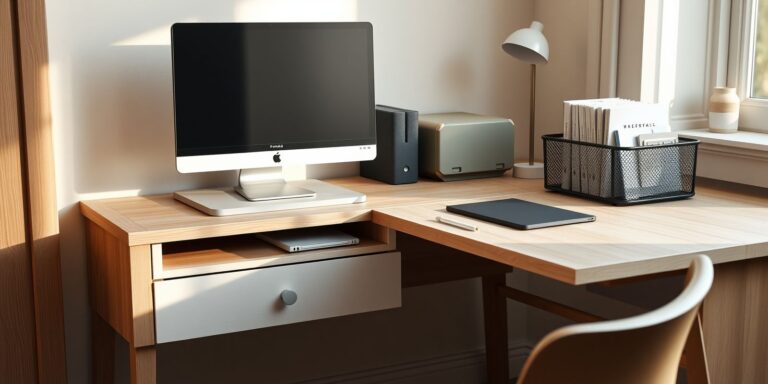 A calm, wire-free home-office desk in late-afternoon light with a monitor riser, an upright file rack, and cords tucked into an under-desk tray.