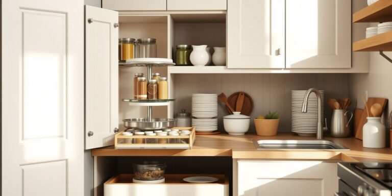 A bright, organized summer kitchen with a lazy Susan turntable, clear spice drawer inserts, under-sink pull-outs, and stackable shelf risers in warm afternoon light.