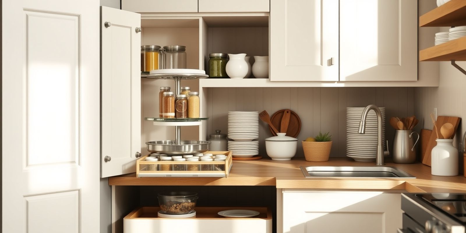 A bright, organized summer kitchen with a lazy Susan turntable, clear spice drawer inserts, under-sink pull-outs, and stackable shelf risers in warm afternoon light.
