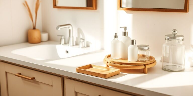A sorted neutral bathroom with a matte-black under-sink rack, clear drawers, a bamboo vanity tray, and glass jars staged across a white vanity.