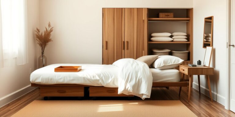 A calm, neutral small bedroom with rolling under-bed drawers, a tidy leather nightstand tray, and folded fabric closet bins.