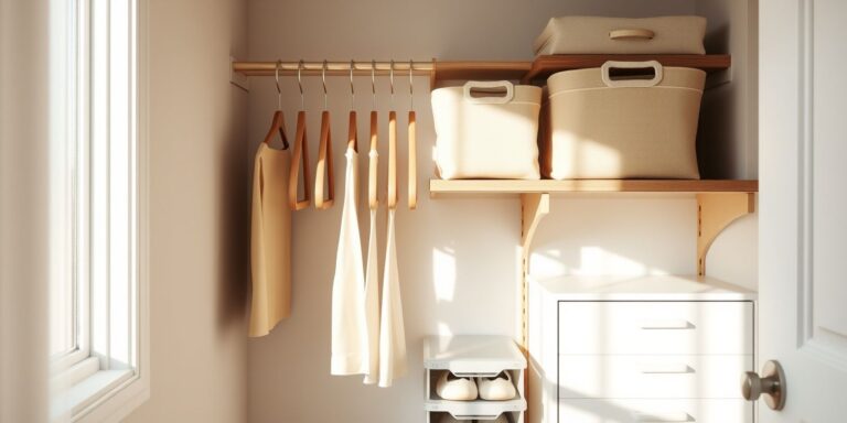 A small reset closet with a uniform row of slim black hangers, clear shoe boxes stacked low, and handled fabric bins lining the top shelf in warm morning light.