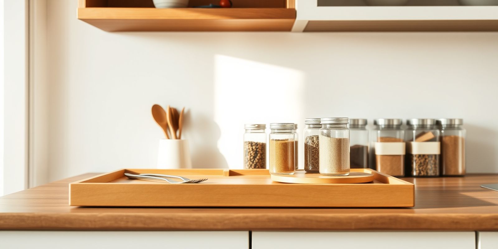 Eight bamboo-and-clear organizers that pull a builder-grade kitchen into something considered — drawer by drawer, cabinet by cabinet, renter-friendly and ready to ship.