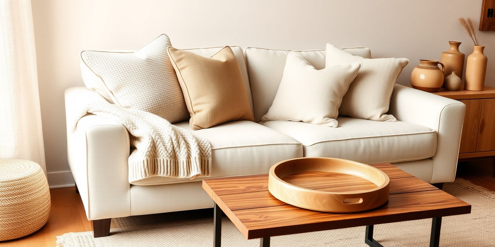 A warm-minimalist living room styled with neutral throw pillows, a chunky knit throw, a wood tray, and a woven blanket basket in soft morning light.