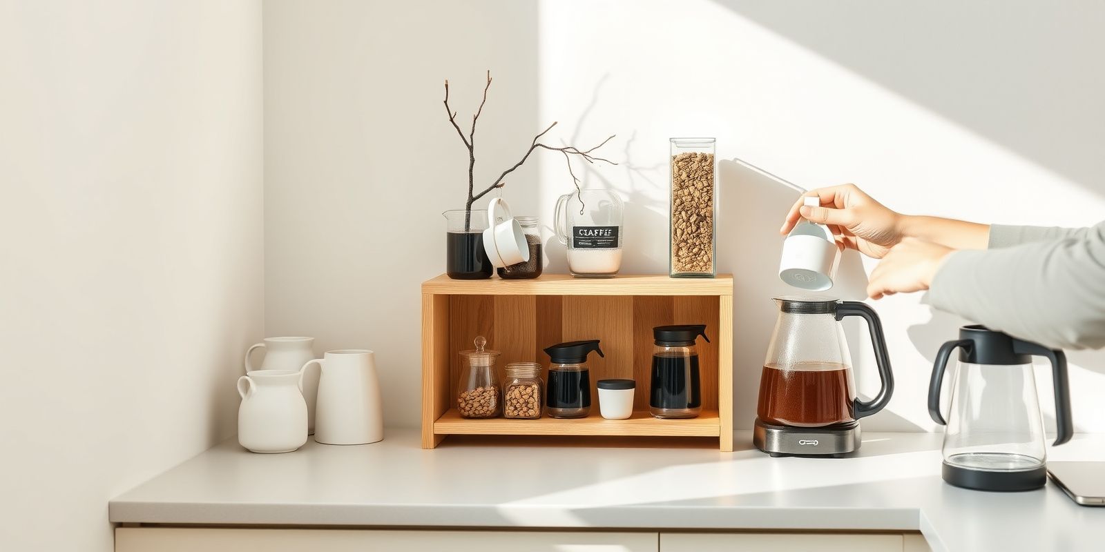 A styled corner coffee bar with a two-tier wooden station, hanging mugs, glass canisters, a cold-brew pitcher, and bamboo-lid glasses on a kitchen counter.