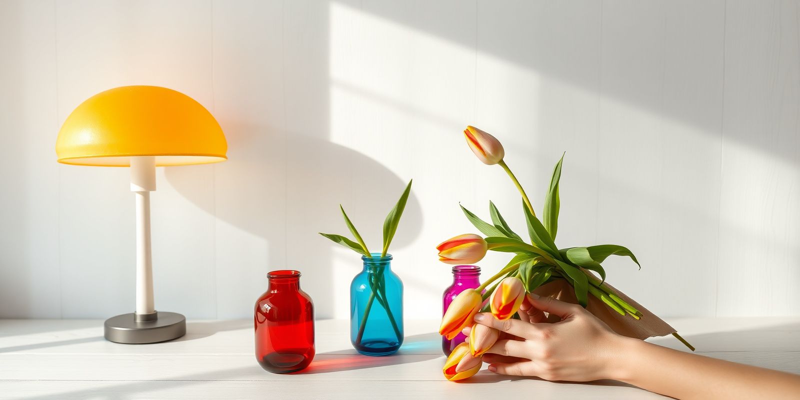 A bright color-pop styling moment in fresh morning light — a glowing mushroom lamp, a cluster of colored glass vases, and pink tulips against a clean neutral backdrop.