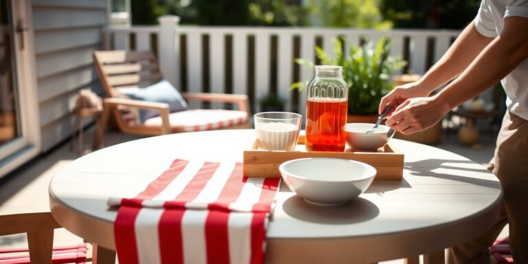 A guest-ready backyard cookout with a rolling cooler, a glass drink dispenser on a stand, and a stars-and-stripes table runner.