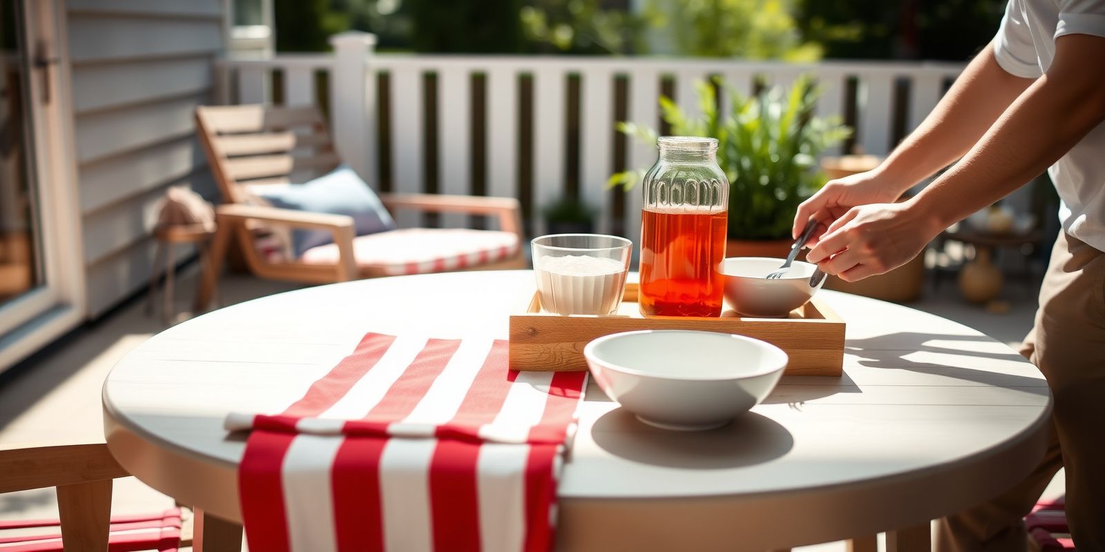 A guest-ready backyard cookout with a rolling cooler, a glass drink dispenser on a stand, and a stars-and-stripes table runner.