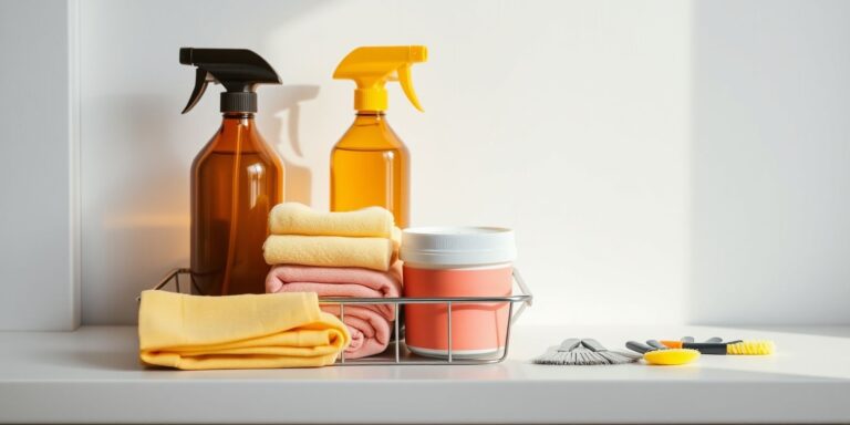 A whole-home deep-clean caddy laid out with amber spray bottles, microfiber cloths, a tub of cleaning paste, and drill-brush attachments in bright morning light.