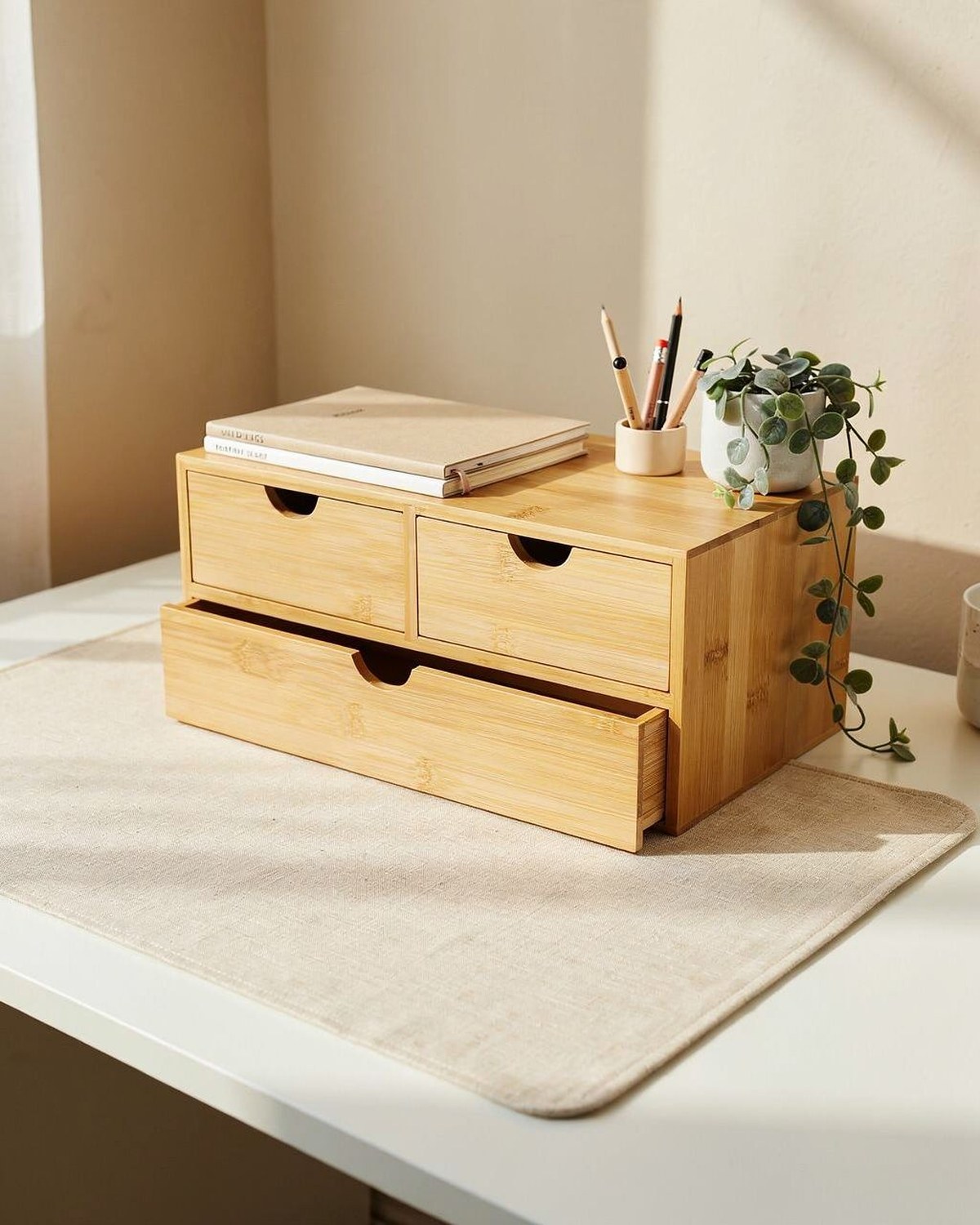 Bamboo desktop organizer with pull-out drawers holding office supplies on a wood desk