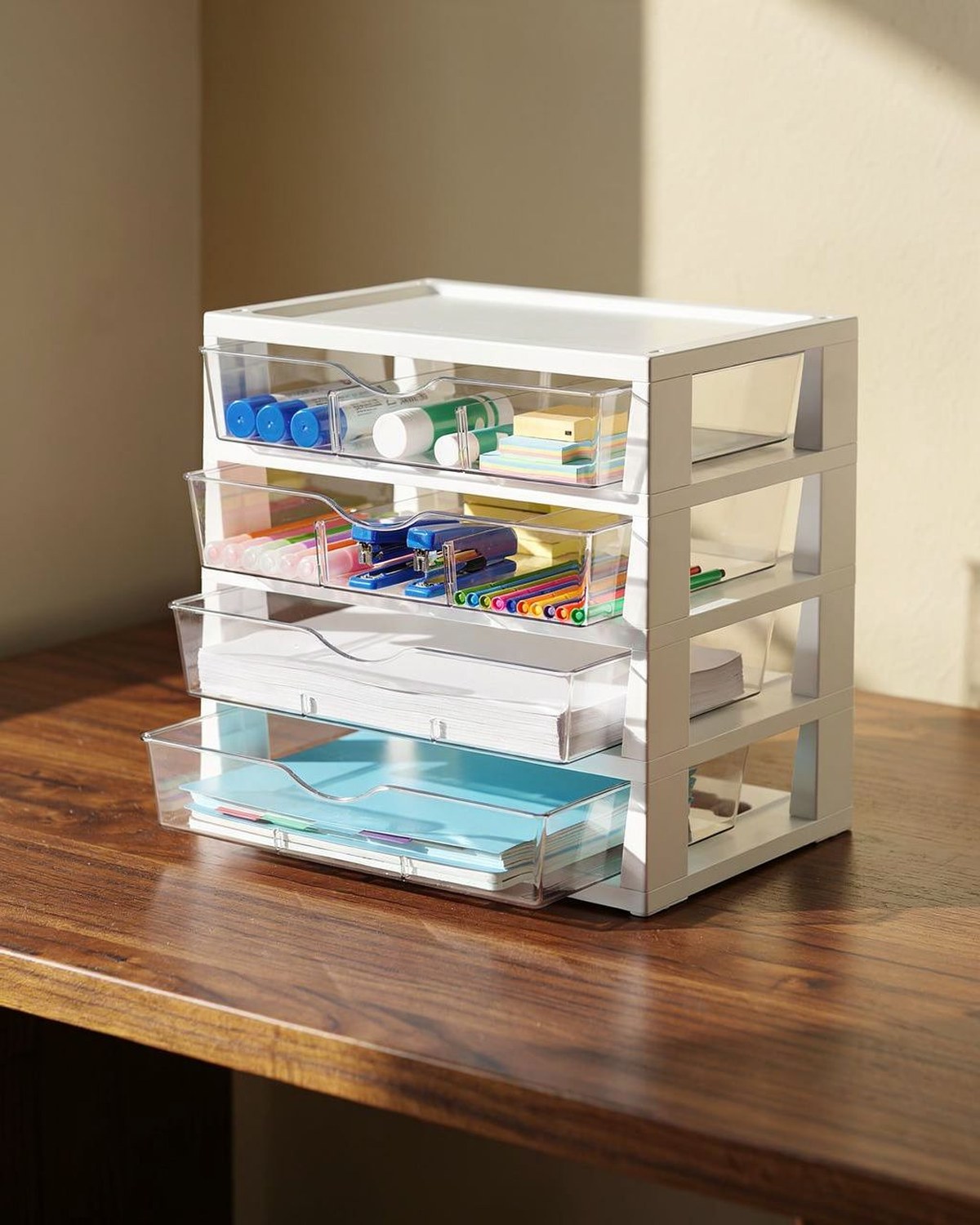 Clear four-tier acrylic desk organizer with drawers holding pens and office supplies