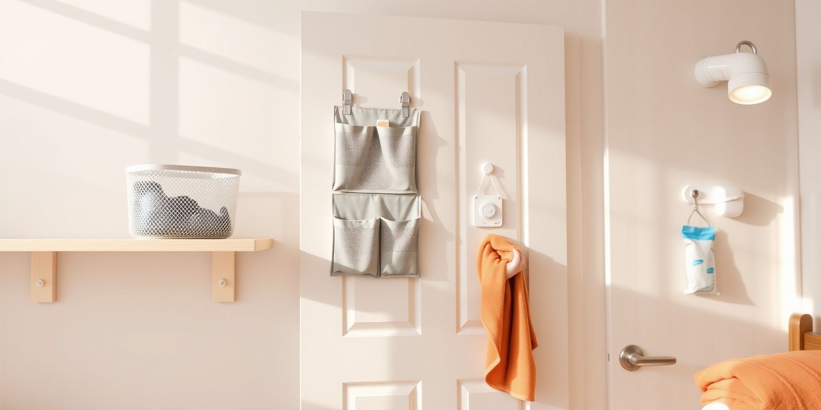 A budget dorm move-in kit laid out with a mesh shower caddy, over-the-door organizer, vacuum bags, and slim hangers ready for one cart.