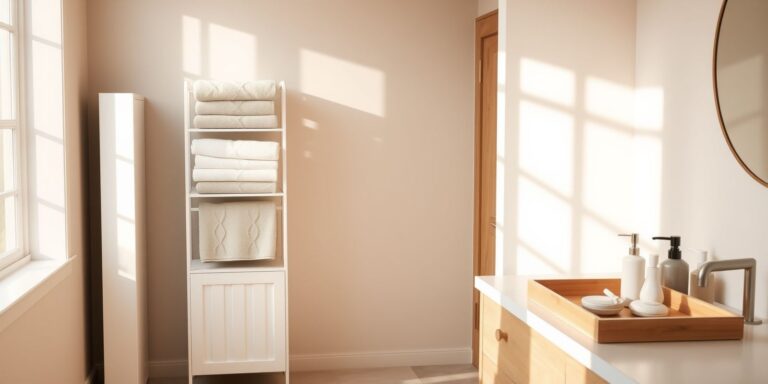 A slim freestanding white bathroom floor cabinet with an adjustable interior shelf and a closed door, sized to fit beside a toilet or sink.