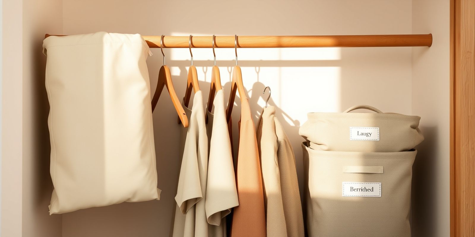 A calm neutral closet mid fall wardrobe swap with vacuum bags, slim hangers, and labeled fabric bins on the shelves.