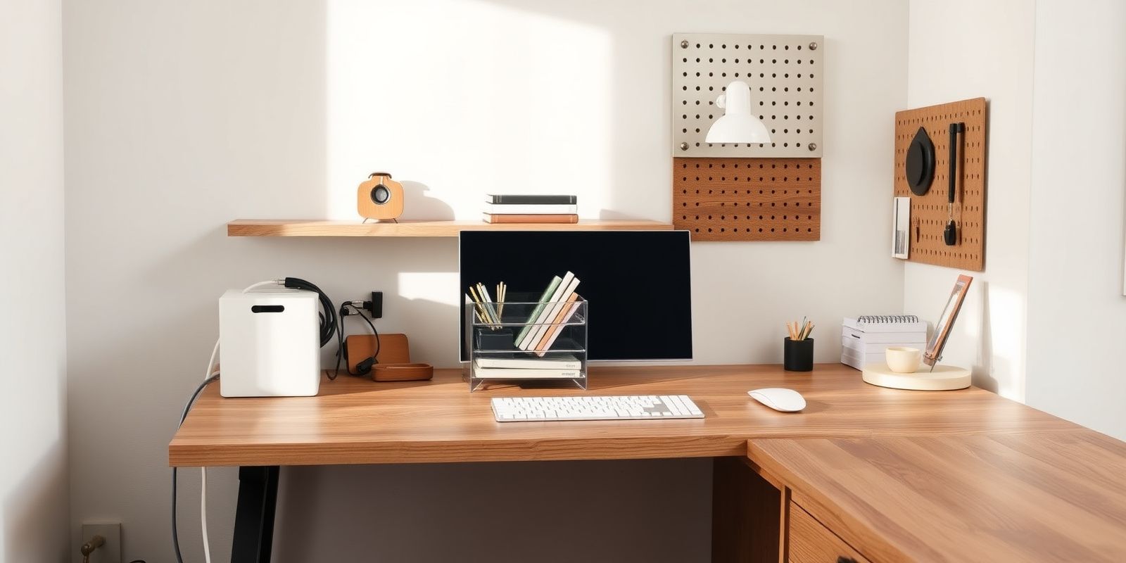 A composed home-office desk reset with a cable box, clear drawer organizer, and wall pegboard on a warm walnut desk in soft daylight.