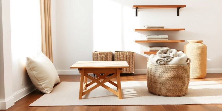 A rectangular light-wood coffee table with a lift-up top raised to laptop height, revealing a hidden storage compartment and lower shelves in a living room.