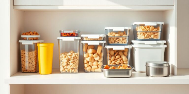 A matched set of ten clear airtight POP containers in graduated sizes with white push-button lids, lined up on a pantry shelf holding snacks and dry goods.